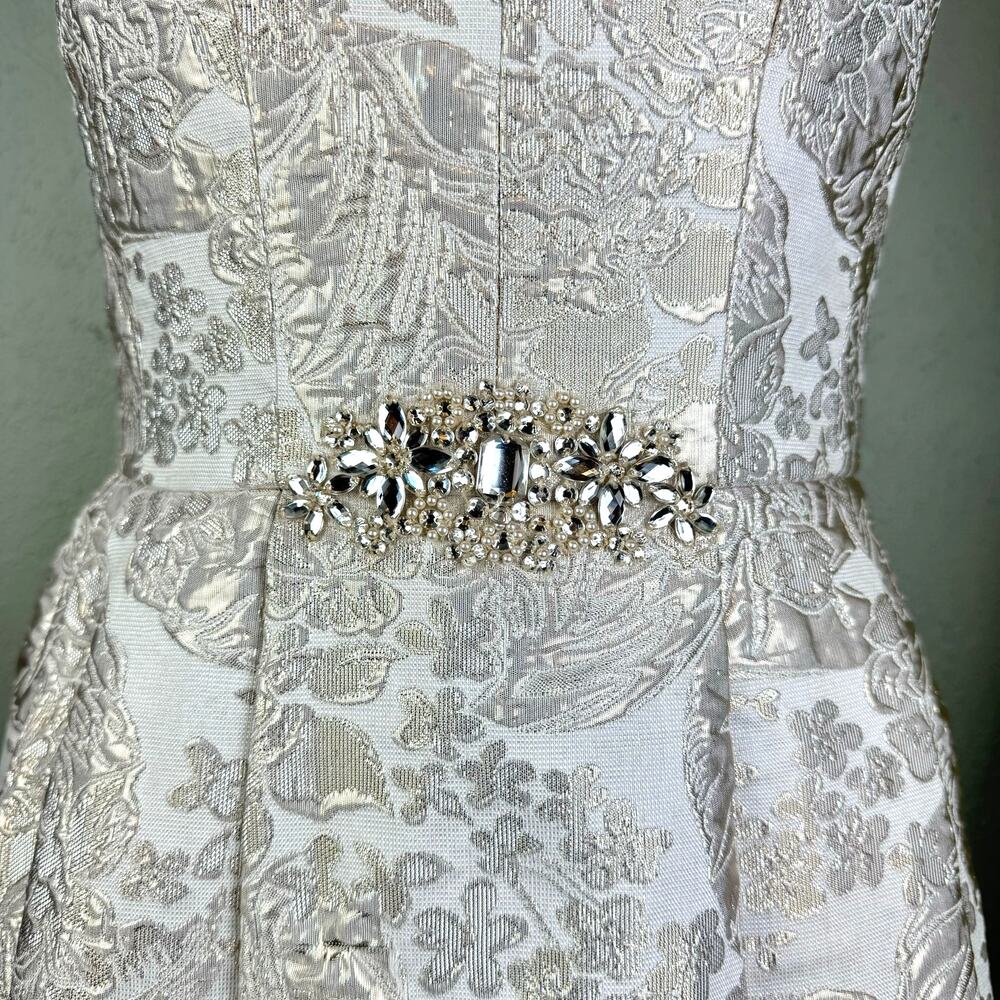 Betsy & Adam Silver Metallic Floral Jacquard Embellished High Low Wedding Gown - Picture 8 of 14